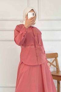 Modalamelif Çift Cep Detaylı Boydan Düğmeli Etekli Takım Gül