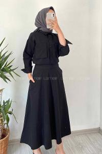 Modalamelif Çift Cep Detaylı Boydan Düğmeli Etekli Takım Siyah