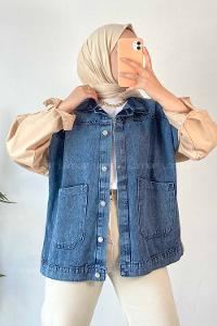 Modalamelif Defıne Yazı Baskılı Çift Cepli Garnili Kot Ceket Krem-Kot Mavisi