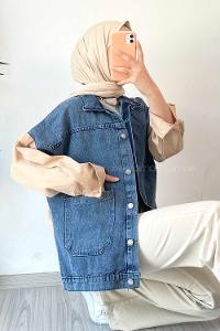 Modalamelif Defıne Yazı Baskılı Çift Cepli Garnili Kot Ceket Krem-Kot Mavisi