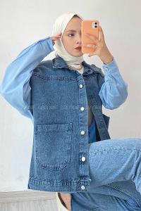 Modalamelif Defıne Yazı Baskılı Çift Cepli Garnili Kot Ceket Mavi-Kot Mavisi