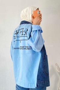 Modalamelif Defıne Yazı Baskılı Çift Cepli Garnili Kot Ceket Mavi-Kot Mavisi