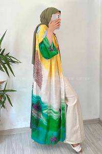 Modalamelif Desen Baskılı Kuşak Bağlamalı Kimono Sarı