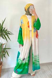 Modalamelif Desen Baskılı Kuşak Bağlamalı Kimono Sarı