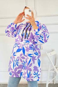 Modalamelif Kanguru Cep Yarım Fermuarlı Çiçekli Tunik Lacivert-Lila