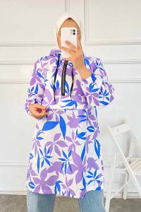 Modalamelif Kanguru Cep Yarım Fermuarlı Çiçekli Tunik Lacivert-Lila