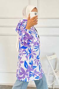 Modalamelif Kanguru Cep Yarım Fermuarlı Çiçekli Tunik Lacivert-Lila