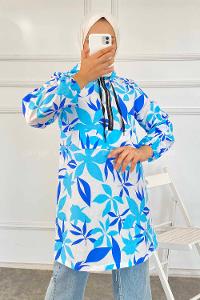 Modalamelif Kanguru Cep Yarım Fermuarlı Çiçekli Tunik Lacivert-Mavi