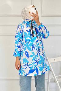 Modalamelif Kanguru Cep Yarım Fermuarlı Çiçekli Tunik Lacivert-Mavi