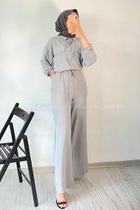 Modalamelif Kapak Cep Modelli Beli Tünel Bağlamalı Slopet Tulum Gri