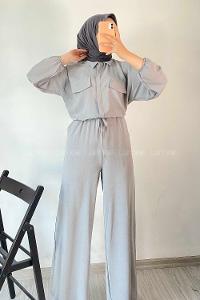 Modalamelif Kapak Cep Modelli Beli Tünel Bağlamalı Slopet Tulum Gri