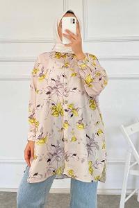 Modalamelif Yaprak Desen Dijital Baskı Gömlek Bej-Yeşil