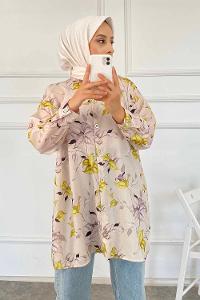 Modalamelif Yaprak Desen Dijital Baskı Gömlek Bej-Yeşil