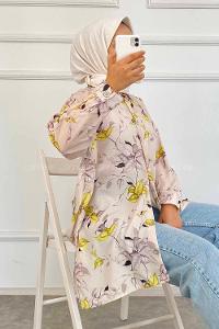 Modalamelif Yaprak Desen Dijital Baskı Gömlek Bej-Yeşil