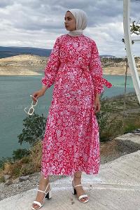 Modalamelif Çiçek Motifli Eteği Fırfırlı Kuşaklı Elbise Kırmızı