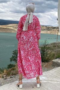 Modalamelif Çiçek Motifli Eteği Fırfırlı Kuşaklı Elbise Kırmızı