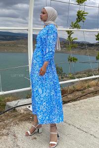 Modalamelif Çiçek Motifli Eteği Fırfırlı Kuşaklı Elbise Mavi