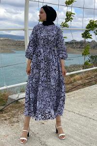 Modalamelif Çiçek Motifli Eteği Fırfırlı Kuşaklı Elbise Siyah