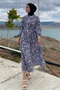 Modalamelif Çiçek Motifli Eteği Fırfırlı Kuşaklı Elbise Siyah