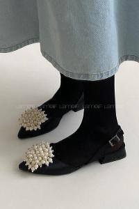 Modalamelif Kadın Topuklu İnci Detay Saten Sandalet Siyah