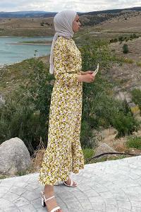 Modalamelif Önü Yarım Düğmeli Papatya Desenli Eteği Fırfırlı Elbise Sarı