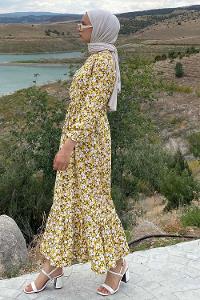 Modalamelif Önü Yarım Düğmeli Papatya Desenli Eteği Fırfırlı Elbise Sarı