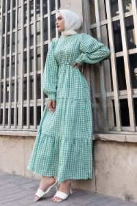 Modalamelif Balon Kol Pötikare Gofre Elbise Çağla Yeşili