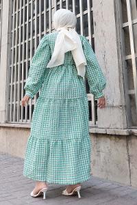 Modalamelif Balon Kol Pötikare Gofre Elbise Çağla Yeşili