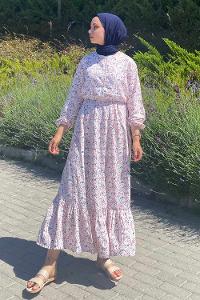 Modalamelif Önü Yarım Düğmeli Çiçek Desenli Eteği Fırfırlı Elbise Beyaz