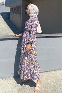 Modalamelif Önü Yarım Düğmeli Soyut Desenli Eteği Fırfırlı Elbise Lila