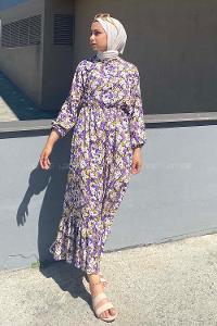 Modalamelif Önü Yarım Düğmeli Soyut Desenli Eteği Fırfırlı Elbise Lila