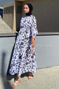 Modalamelif Soyut Desen Beli Lastikli Kuşak Bağlamalı Elbise Lila-Siyah