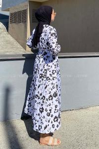 Modalamelif Soyut Desen Beli Lastikli Kuşak Bağlamalı Elbise Lila-Siyah