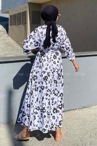 Modalamelif Soyut Desen Beli Lastikli Kuşak Bağlamalı Elbise Lila-Siyah