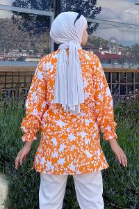 Modalamelif Önü Düğmeli Önü Fırfırlı Desenli Gömlek Oranj