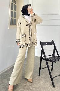 Modalamelif Çıçıt Düğmeli Cep Desenli Triko İkili TakımTaşrengi