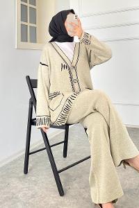 Modalamelif Çıçıt Düğmeli Cep Desenli Triko İkili TakımTaşrengi