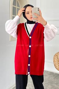 Modalamelif Yaka Renk Garnili Triko Yelek Kırmızı