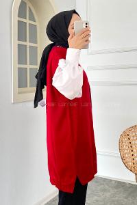 Modalamelif Yaka Renk Garnili Triko Yelek Kırmızı