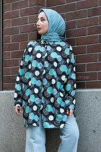 Modalamelif Soyut Desen Dijital Baskı Gömlek Siyah-Yeşil