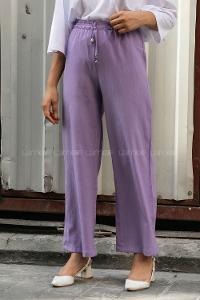 Modalamelif Bel Bağcıklı Bol Paça Krınkil Pantolon Lila