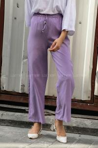 Modalamelif Bel Bağcıklı Bol Paça Krınkil Pantolon Lila