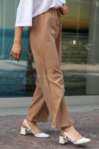 Modalamelif Bel Bağcıklı Bol Paça Krınkil Pantolon Sütlükahve