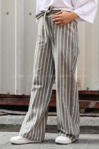 Modalamelif Beli Kuşak Bağlamalı Çizgili Keten Bol Paça Pantolon Gri