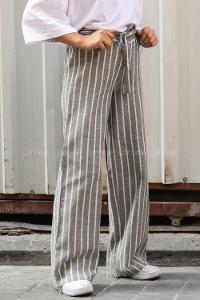 Modalamelif Beli Kuşak Bağlamalı Çizgili Keten Bol Paça Pantolon Gri