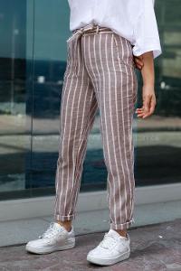 Modalamelif Beli Kuşak Bağlamalı Çizgili Keten Dar Paça Pantolon Bordo