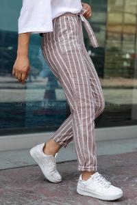 Modalamelif Beli Kuşak Bağlamalı Çizgili Keten Dar Paça Pantolon Bordo