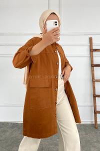 Modalamelif Çift Kapak Cepli Metal Önü Boydan Düğmeli Gömlek Camel