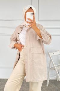 Modalamelif Çift Kapak Cepli Metal Önü Boydan Düğmeli Gömlek Taşrengi