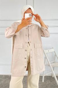 Modalamelif Çift Kapak Cepli Metal Önü Boydan Düğmeli Gömlek Taşrengi